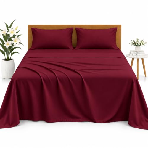 Image of Solid Bedsheet for Double Bed - Soft Microfiber Hotel Luxury Flat Bed Sheets with Pillow Cases 1800 Series - Double Burgundy