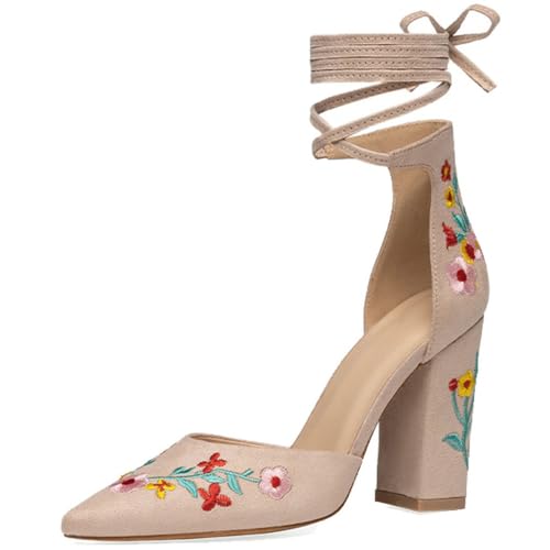 DINTAHA Floral Embroidered Heels,Lace Up Heels Closed Toe,Suede Pointed Toe Chunky Heel Pumps