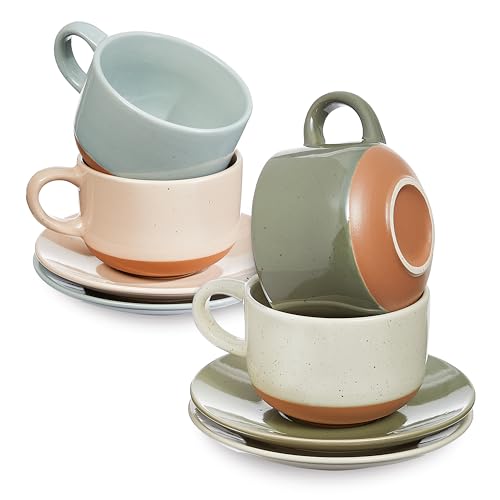 Sheffield Home Elegant Coffee Mug Set - Set of 4 Stoneware 8oz Cups with Saucers – Dishwasher and Microwave Safe Ceramic - Ideal for Cappuccino, Espresso, Latte, or Tea - Assorted Neutrals
