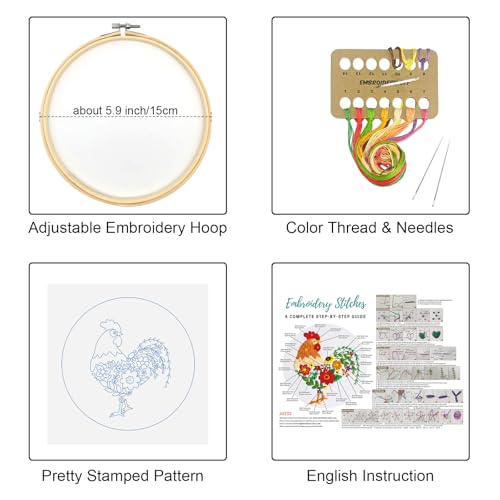 Image of Louise Maelys Funny Animal Embroidery Kits for Beginners,Cross Stitch Kit for Adults,DIY Needlepoint with Rooster and Flower Pattern