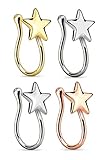 Set of 4 Star Clip On Nose Rings Fake Non No Piercing 17GA - Steel, Black, Hematite, and Gold Tone