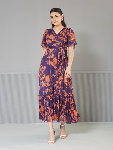 Image of Miss Chase Women's Floral V-Neck Flutter Sleeve Wrap Chiffon Maxi Dress