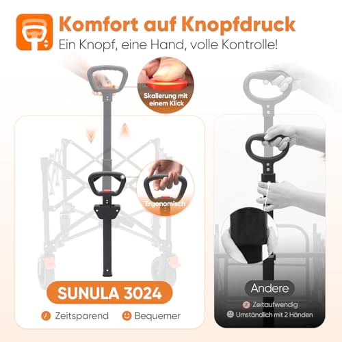 SUNULA Bollerwagen Faltbar Tragkraft 120KG, Klappbarer Handwagen mit EIN-klick-Handgriff & 4-seitig zusammenfaltbar, Geländegängig Räder mit Bremsen 150L, Schwarz
