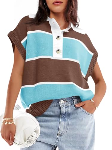 Image of Saodimallsu Women's V Neck Button Down Striped Short Sleeve Knit Sweater