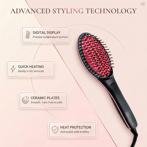 Image of Ceramic Hair Straightener Brush with Digital Display & Temperature Control, Quick Heating Anti-Frizz Straightening Brush, Gift for Women, Girls & Salon Professionals