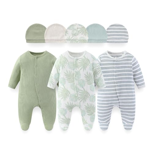 Image of BABYSOLIS 8 Pack Unisex Baby Boy Girl Footed One-piece Outfit Infant Hats 0-12months Comfort New Born Romper Clothes