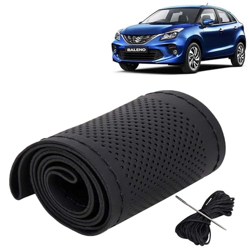 Image of KINGSWAY PU Leatherite Car Steering Cover Sewable Compatible with Maruti Suzuki Baleno (Year 2019-2022), Black Color with Black Thread, Pack of 1 with Sewing Needle and Thread