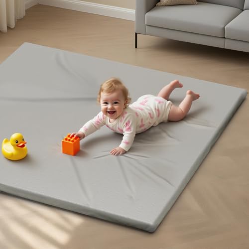 Vegan Leather Baby Play Mat, 50x50 Thicken Foam Cushioned & Waterproof Playpen Mat for Infants and Toddlers, Extra-Large Tummy Time Mat for Tummy Time Training and Early Walking, Light Gray