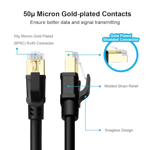 Image of Yauhody CAT8 Ethernet Cable 25FT, High Speed 40Gbps 2000MHz SFTP Internet Network LAN Wire Cables with Gold Plated RJ45 Connector for Router, Modem, PC, Switches, Laptop, Gaming, Xbox(25ft /8m) Black
