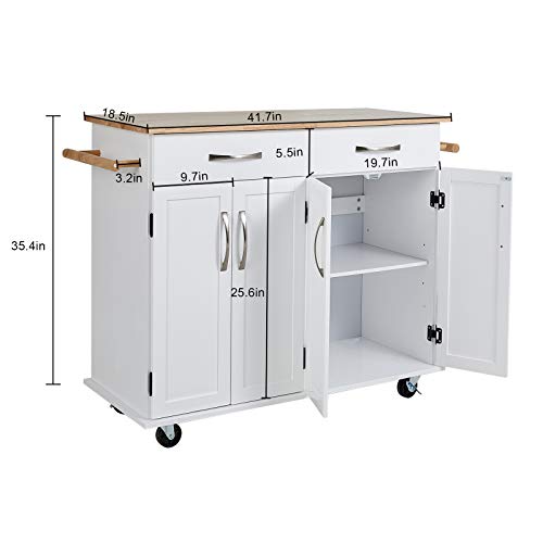 QCen Kitchen Island on Wheels with Large Storage Cabinet and Drawers Carts,Rolling Serving Cart with Adjustable Shelves,Rubber Wood Top, Easy to Assemble,White