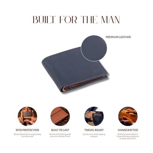 Image of Wildebeast Full-Grain Blue European Leather Wallet for Men - RFID Blocking Slim Bifold with ID Window, Card Slots & Coin Pocket, Eco-Tanned Leather, Stylish Gents Purse, Gift for Men - The Frontier