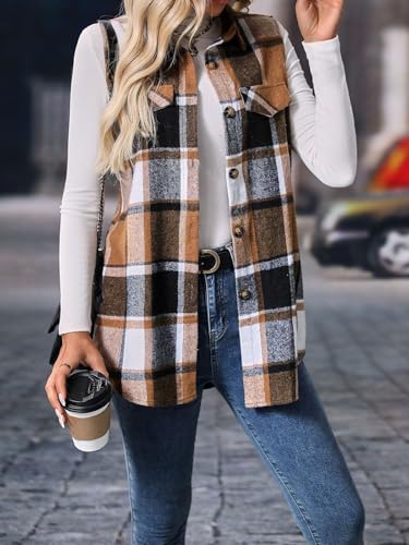 Wowcarbazole Womens Plaid Vest Button Down Sleeveless Lapel Neck Long Vest Tops Outerwear Casual Flannel Waistcoat Jackets3