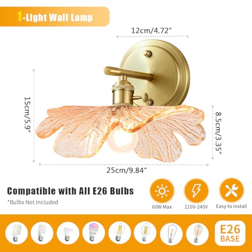 Image of Unique Wall Light Set of 2 with Amber Glass Petals Over Mirror | Vintage Wall Sconce Set of 2 Bathroom Vanity Lights, flower Glass Shade &Gold Brass E26 Base, Easy to install, For Hallway