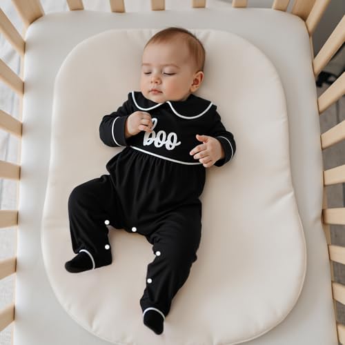 Baby Boy Girl Halloween Romper Letter/Pumpkin Peter Pan Collar Long Sleeve Footie Jumpsuit Newborn Fall Winter Clothes3