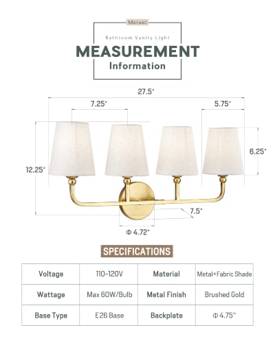Image of 4-Light Brushed Gold Bathroom Vanity Light with Linen Fabric Shade | 28 Inch gold bathroom light fixture over mirror, UL listed, E26 bulbs, hardwired, upward only, VL837-BG-A-4