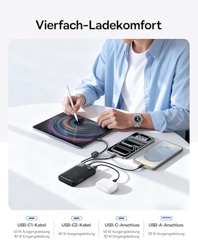 Baseus FC11 Powerbank 45W 20000mAh mit 2 Integriertem USB-C Kabel, Power Bank Klein CCC Zertifizierung mit LED Display, Externe Handyakkus Mini für iPhone 17/16/15/14 Pro Max, iPad, Samsung, Schwarz 5