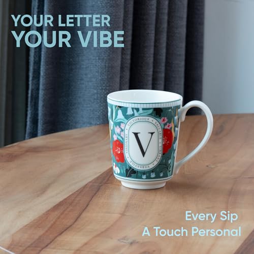 Image of Shay Alphabet Mug 300ml, Letter V Printed Coffee Mug for Girls, Boys, Friends | Ceramic Mug |Glossy Finish | Ceramic Coffee Cup | Porcelain | Microwave Safe (Alphabet Mug - V)