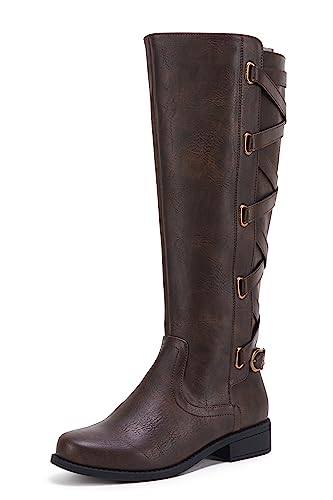 Coutgo Womens Lace Up Knee High Boots Motorcycle Riding Flat Low Heels Strappy Winter Combat Boots