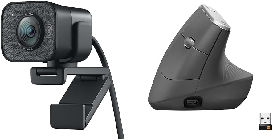 Logitech StreamCam – Live Streaming Webcam for Youtube and Twitch & MX Vertical Ergonomic Mouse, Multi-Device, Bluetooth or 2.4GHz Wireless