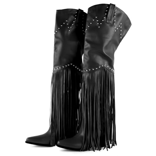 FancyQueen Fringe Thigh High Boots, Wide Calf Studded Over the Knee Cowboy Cowgirl Boots for Women with Zipper and Chunky Block Heels, Western Booties