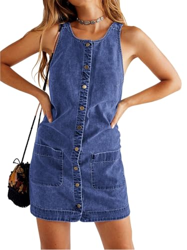 Image of Yousify Womens Casual Sleeveless Denim Overalls Dresses Button Down Summer Jean Mini Dress 2025 Trendy Romper With Pockets