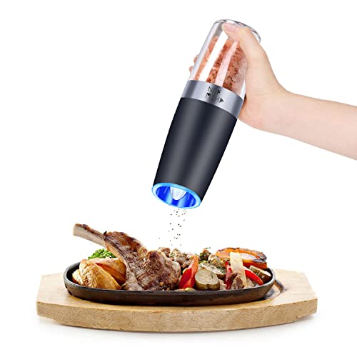 Electric Gravity Salt And Pepper Grinder Set With Adjustable Coarseness Automatic Pepper And Salt Mill Battery Powered With Blue Led Light,One Hand Operated,Brushed Stainless Steel By Chew Fun #TOP4