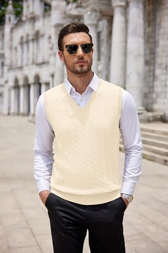 Image of COOFANDY Men's Sweater Vest Cable Knitted V Neck Slim Fit Sleeveless Pullover Sweater