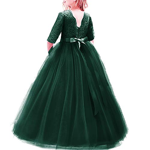 Girl Long Sleeve Vintage Lace Tutu Princess Pageant Cocktail Dresses Kids Prom Ball Gown Wedding Junior Bridesmaid 4-14 Years B Kelly Green 11-12 Years
