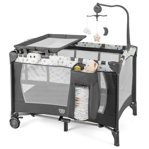 Image of BABY JOY 3 in 1 Pack and Play, Portable Baby Playard with Bassinet, Changing Table, Lockable Wheels, Glowing Music Box, Travel Baby Crib Bassinet Bed from Newborn to Toddler