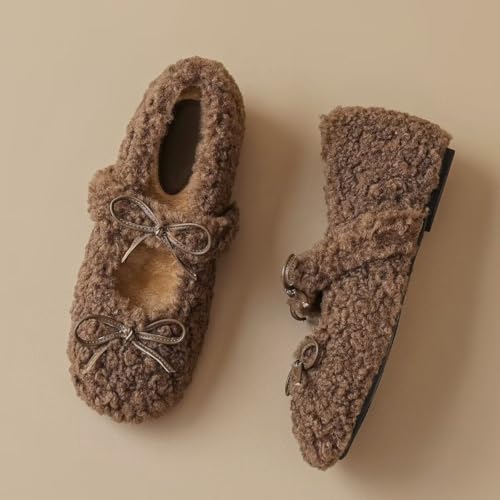 Women Winter Furry Mary Jane Shoes Warm Artificial Lamb Wool Flats Ankle Strap Ladies Indoor and Outdoor Dress Office Bedroom Casual Shoes2