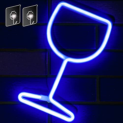 Neon Sign Wine Glass Lights - Bar Club Wedding Birthday Party Wall Art Decor Neon Lights, Wine Cellar Decor Neon Sign (Blue)