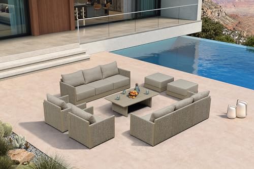 Image of PURPLE LEAF Patio Set 11PCS w /Table & Ottoman, Deep Seating Rope, Beige