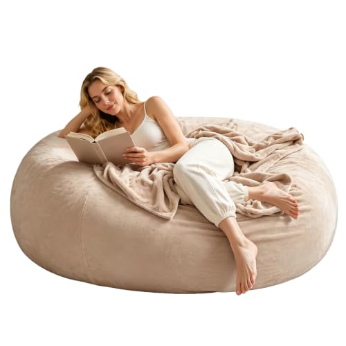 Image of 6FT,jumbo bean bag chair for adults,bean bag with filler included,Comfortable and soft flannel cover, removable and washable, oversized bean bag, suitable for living room and bedroom.(Apricot, 6 Foot)
