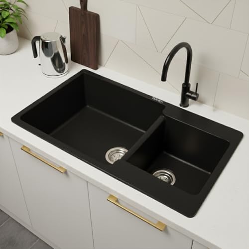 Image of EVANEX Quartz Kitchen Sink|Double Bowl Sink for Kitchen|Topmount /Undermount Kitchen Sinks|Black Double Sink with Connector, Waste Pipe, Coupling and Drain Basket|34x20x9 Granite Kitchen Sinks