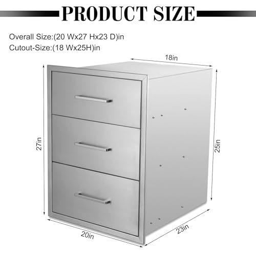 Image of Outdoor Kitchen Drawers,20 inch W x 27 inch H x 23 inch D Stainless Steel BBQ Triple Drawer with Chrome Handle, Enclosed Built-in Access Drawer Flush Mount for Outdoor Kitchen,BBQ Island