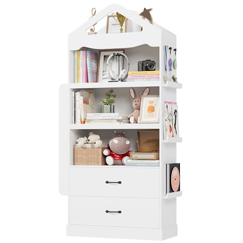 Image of HOSTACK 71" Tall Kids Bookcase, Kids Bookshelf with 2 Drawers, 4 Tier Large Book Shelves, Wood Display Standing Cabinet with Toy Storage Organizer for Nursery, Living Room, Study, White
