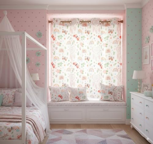 Image of 3D Printed Light Filtering Kids Room Curtain 5 feet Long Set of 2 pcs, Kids Bedroom Curtain Panel, Butterfly Rainbow Curtain for Kids Room Girls Room, Window 4x5 ft Beige Color Parde