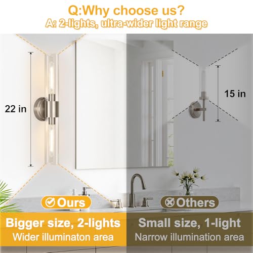 Image of Wall Sconces Set of Two, Brushed Nickel Bathroom Sconces Wall Lighting with Clear Glass, Hardwired Modern Sconces Wall Decor Set of 2 for Bathroom Mirror Bedroom Living Room Hallway