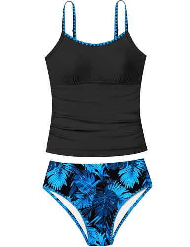 Image of Girls Swimsuit Solid Color Tankini Contrast Trim Swimwear 2 Piece Bathing Suit Padded Swimsuits for Teens 9-16Y