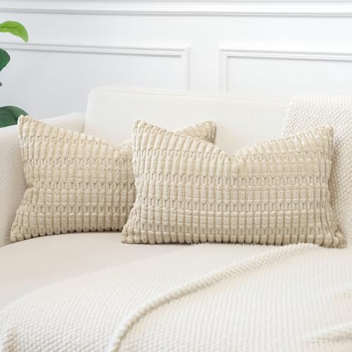 JOTOM Corduroy Soft Striped Throw Pillow Case 40x60 cm Boho Decorative Throw Pillow Covers Lumbar Cushion Case Couch Home Decor Cushion Covers for Sofa Bedroom 16x24 Inch Set of 2 (Beige) - Image 2