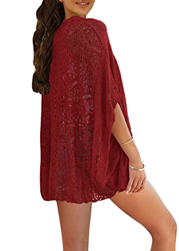 Image of Ermonn Crochet Cardigan Sweaters for Women Open Front Kimono Batwing Sleeve Plain Casual Lightweight Outerwear