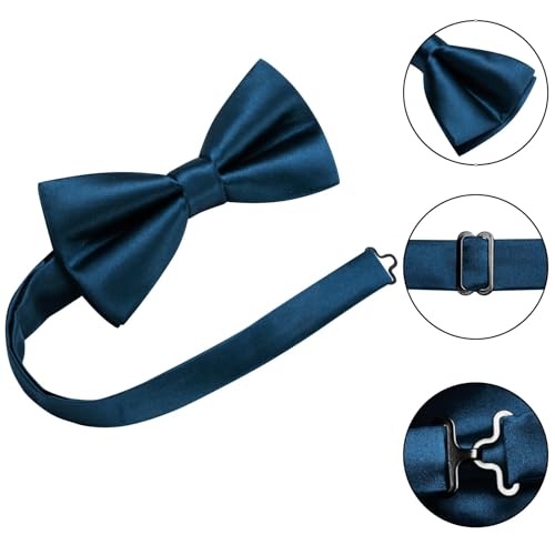 Image of Hi-Tie 5Pcs Mens Solid Color Silk Tie Satin Pretied Bowtie Lapel Pin for Men Handkerchief Cufflink Wedding Gift Box