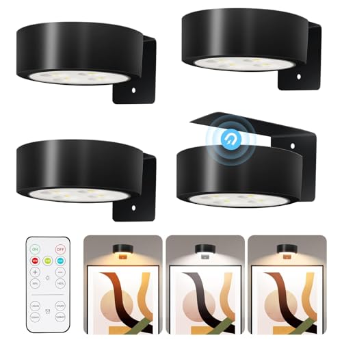 TTQ 4 PCS Magnetic Picture Lights for Wall Battery Operated,Wall Painting Light with Wireless Control,Art Display Light,Wall Decor Puck Lights for Picture Frame Portrait Artworking