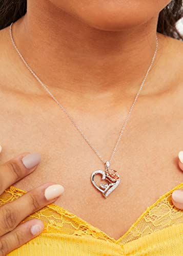 Disney Jewelry For Women - Beauty And The Beast Two Tone Rose And Heart Sterling Silver Pendant Necklace, Pink Gold Plate, Cubic Zirconia Accents, 18" #TOP1