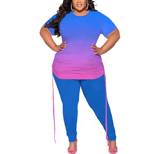 PINSV Women's Plus Size 2 Piece Outfits Sweatsuits Short Sleeve Jogger Sets Tracksuit