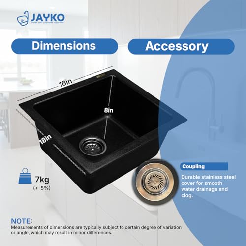 Image of JAYKO Quartz Acrylic Kitchen Sink for Modular Kitchen | Granite Finish, Scratch & Heat Resistant | Easy to Clean & Stylish Sink for Home (SI, 16x18in)