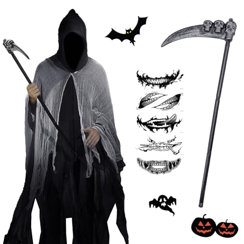 HUIKUANGEU Sensenmann Kostüm,Sensenmann Kostüm Herren,Halloween Kostüm Sensenmann,Halloween Sensenmann Kostüm,Halloween Sensenmann Herren,Geister Kit,Herren Sensenmann Halloween Kostüm