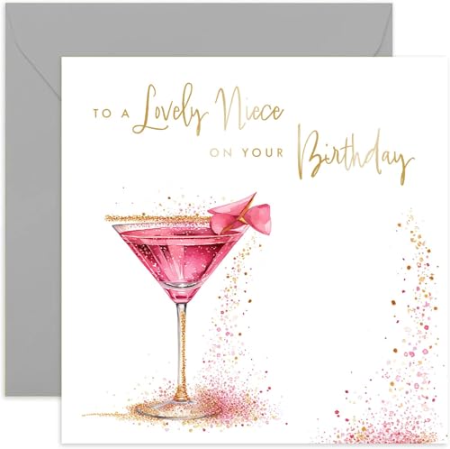 Old English Co. Lovely Niece Birthday Card - Special Birthday Card for Niece - Fabulous Pink Cocktail Gold Foil Glitter Design for Women - 30th, 40th, 50th, 60th, Cute Card for Her | Blank Inside
