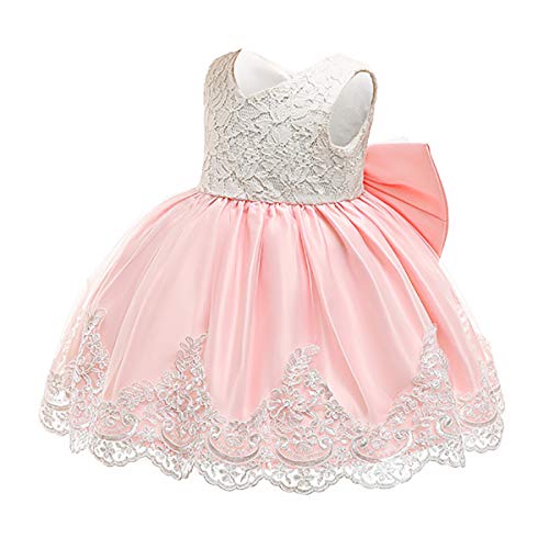 Toddler Baby Girls Dress Lace Princess Baptism Cocktail Party Flower Bowknot With Headwear(Pink 6M) #TOP2