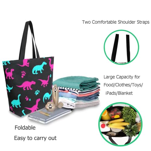 Dinosaur Silhouettes Black Extra Large Canvas Gym Shoulder Tote,Durable Reusable Daily Top Handle Bag for Mens Womens Yoga Weekender Picnic Beach Travel Market Shopping3